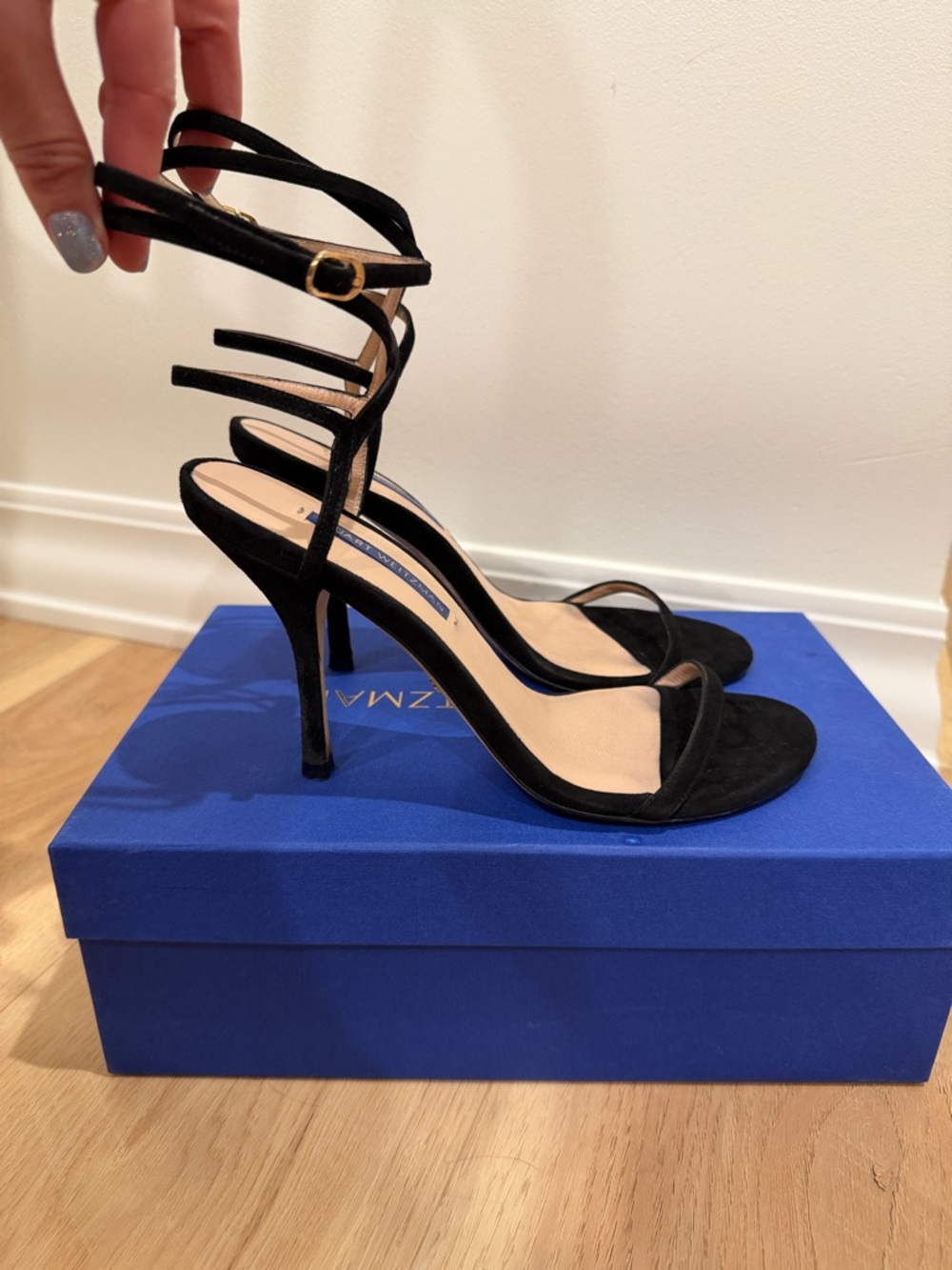 Stuart Weitzman Merinda Black Suede Strappy Heel With Original Box Size 7